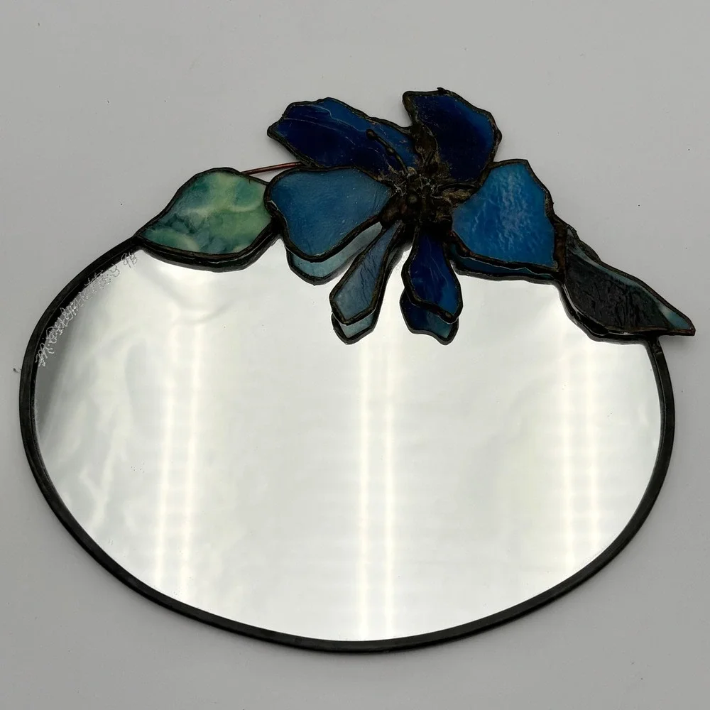 Vintage Handmade Stained Glass Mirror Blue Floral Signed Wall Decor 8x7 1996